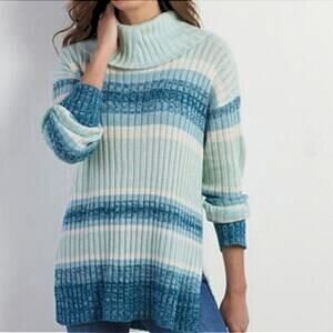 Soft Surroundings Teal Blue Striped Wool Ribbed Cowl Neck Oversized Sweater XS